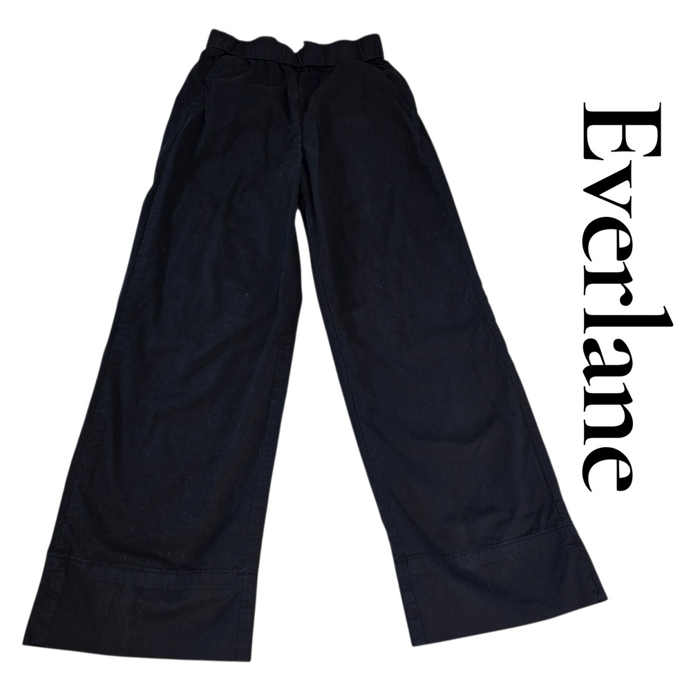 Everlane Wide Leg Pants Womens 2 Black Cotton Stretch Elastic Waist Minimalist